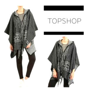 TOPSHOP Black and White Hooded Tassel Poncho one size NWT